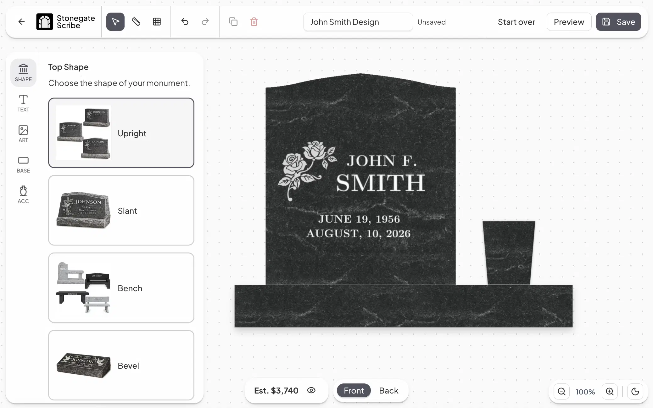 Retailer uses the Stonegate Scribe design tool to configure a monument