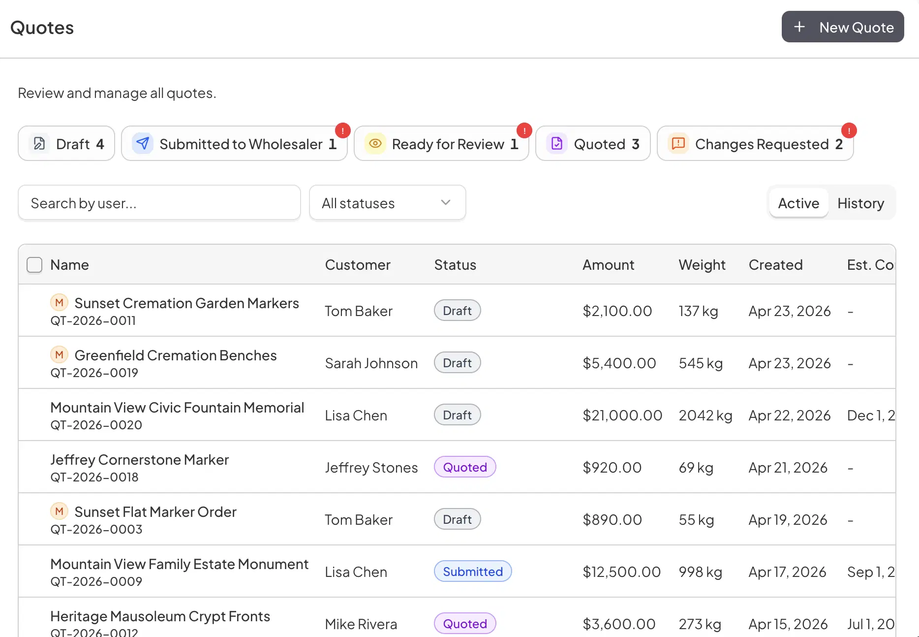 Wholesaler reviews and manages quotes in the Stonegate Scribe dashboard