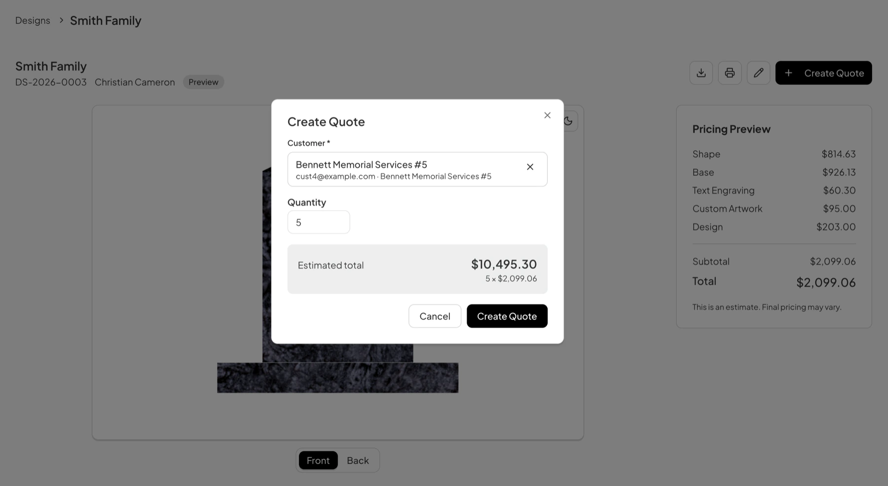 The Create Quote dialog on a design page, with a customer selected, a quantity of 5, and an estimated total of $10,495.30. A Pricing Preview panel sits to the right of the design.