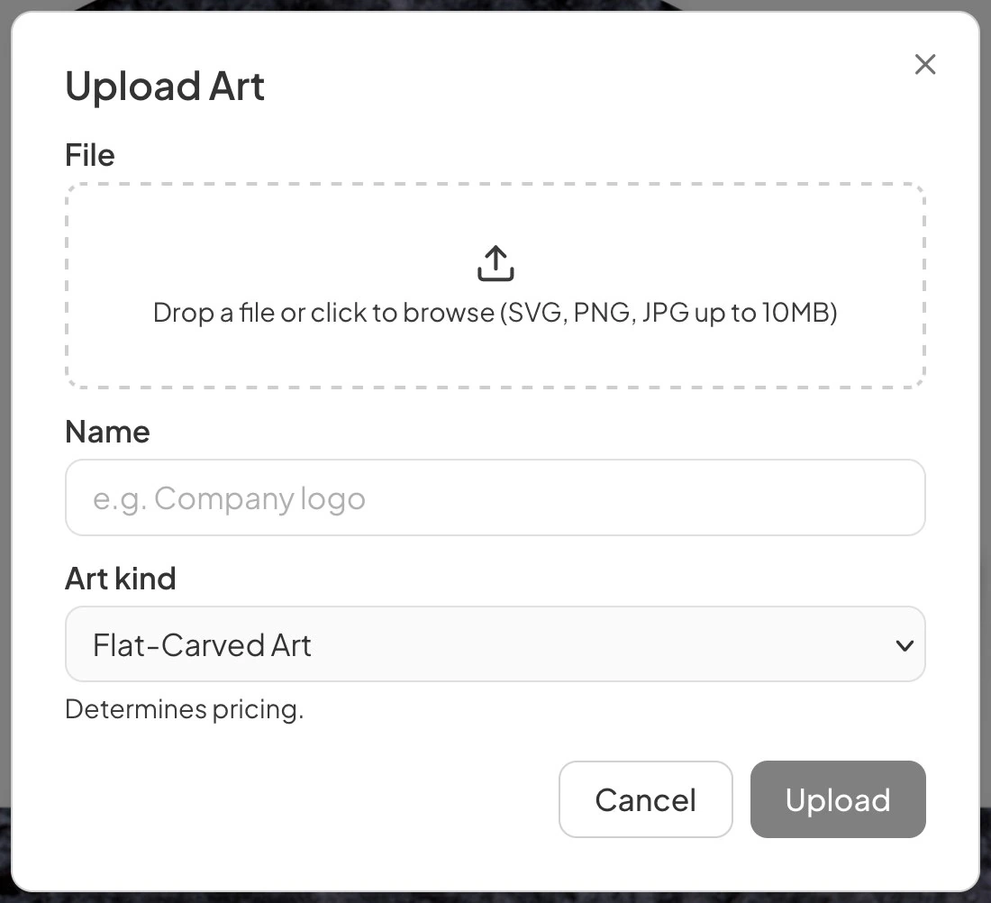 The Upload Art dialog, with a file drop area accepting SVG, PNG, and JPG up to 10MB, a name field, and an art kind dropdown noted as determining pricing.