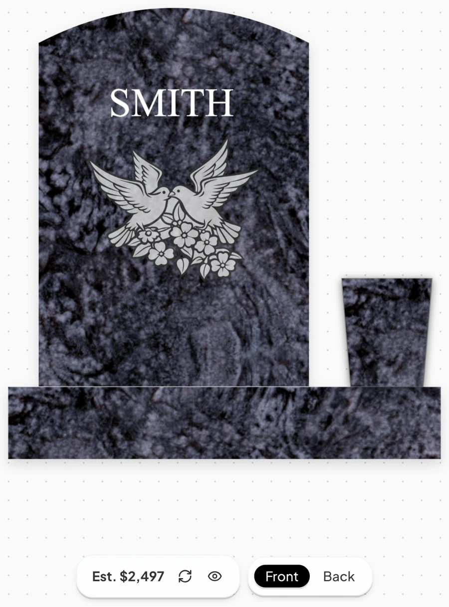 The front of a monument on the canvas, carrying the name SMITH and a carving of two doves, with a vase to the right of the stone.