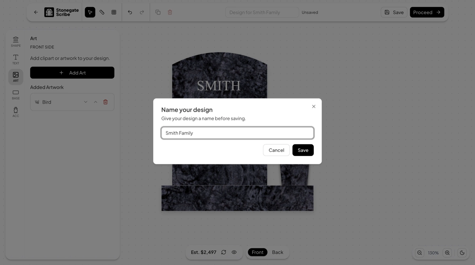 The Name your design dialog, asking for a name before saving, with Smith Family entered.
