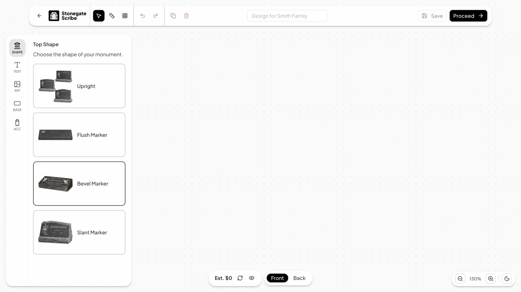 The design tool with the top toolbar visible, holding select, measure, and grid tools, undo and redo, duplicate and delete, the design name, and the Save and Proceed buttons.