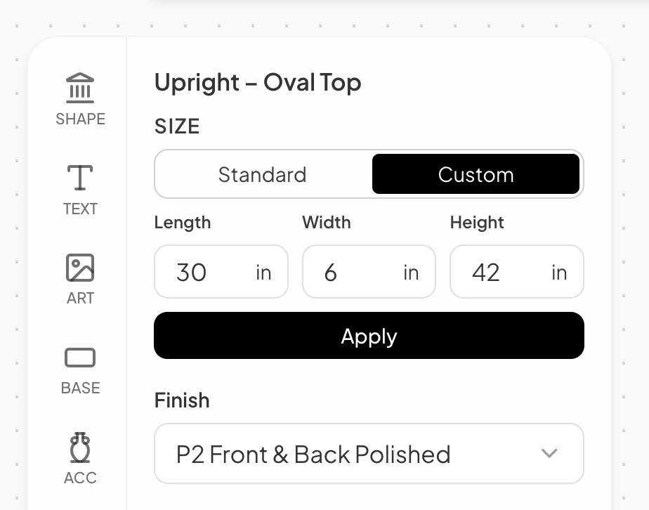 The size section of the stone panel with Custom selected, showing length, width, and height fields in inches above an Apply button, with the finish below.