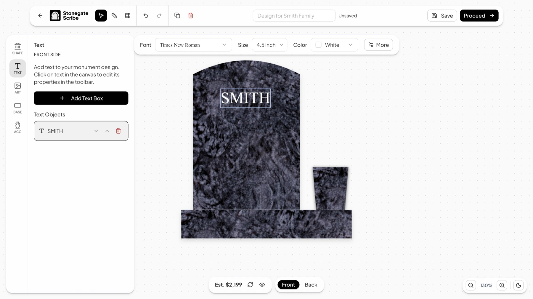 The Text panel with an Add Text Box button and one text object named SMITH, with a font, size, and color toolbar above the canvas.
