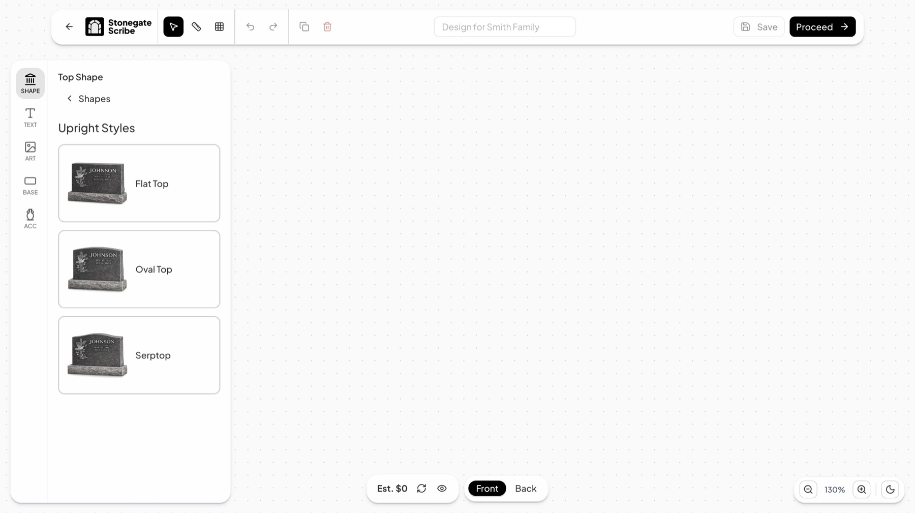 The upright styles list in the design tool, showing Flat Top, Oval Top, and Serptop, with a back link to Shapes.