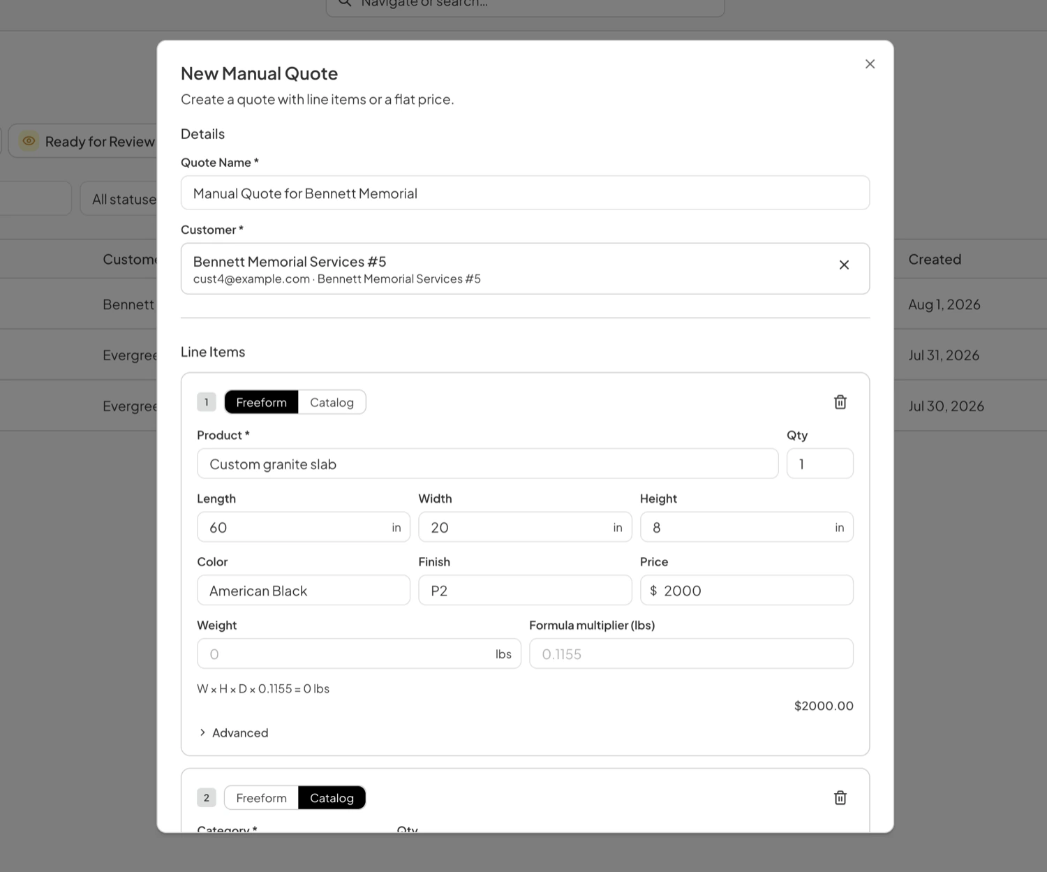 The New Manual Quote dialog, showing the Details section with a quote name and customer, then a Line Items section holding a freeform line and the start of a catalog line.