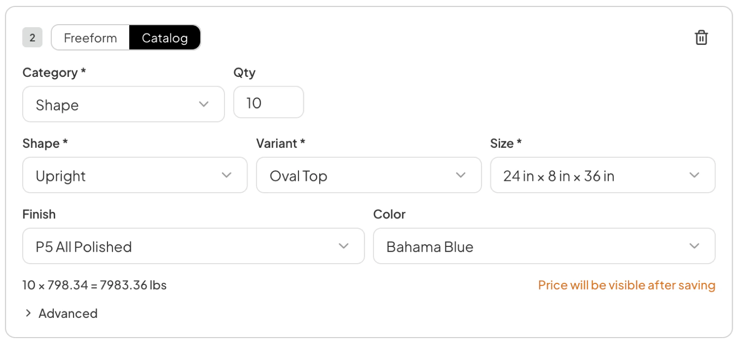 A catalog line item set to a Shape category, with shape, variant, size, finish, and color chosen from the catalog, a quantity of 10, and a calculated weight of 7,983.36 lbs.