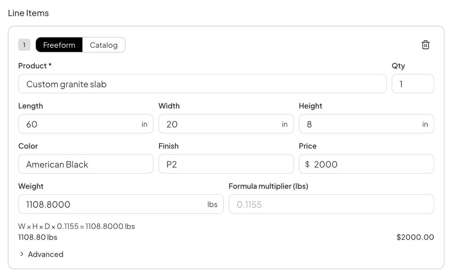A freeform line item in the manual quote dialog, with a product name, dimensions in inches, a color, a finish, a price of $2,000, and a weight of 1108.8 lbs calculated from the dimensions.