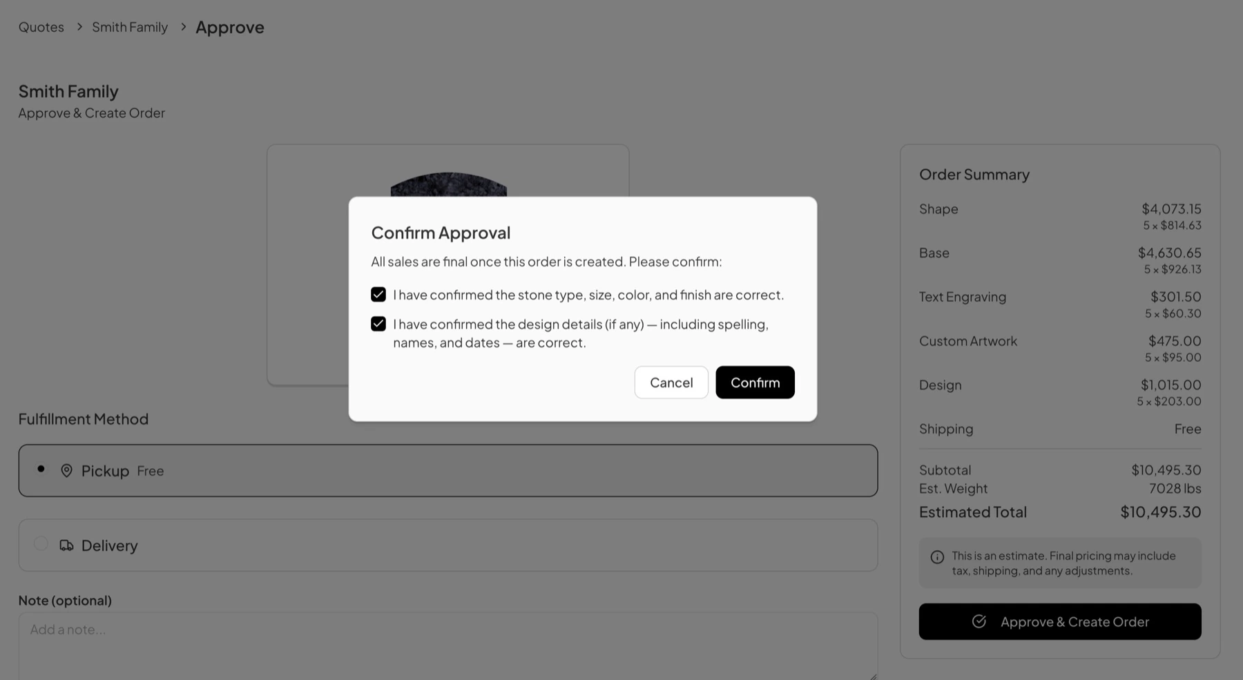 The Confirm Approval dialog, stating that all sales are final once the order is created, with two checkboxes covering the stone specification and the design details, and Cancel and Confirm buttons.