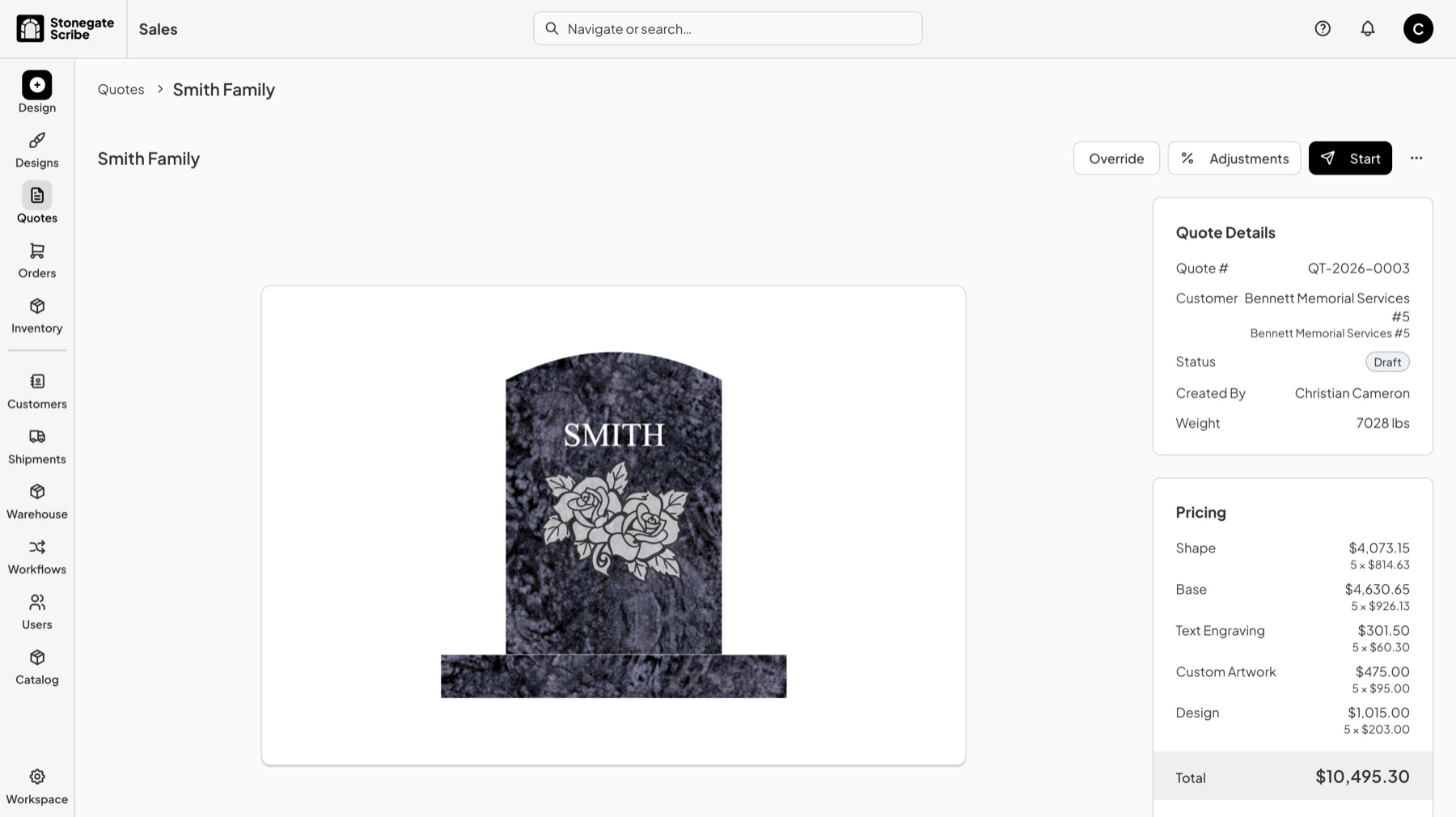 A quote in Draft, showing the monument preview beside a Quote Details panel with quote number, customer, status, creator, and weight, and a Pricing panel breaking the total down by category.