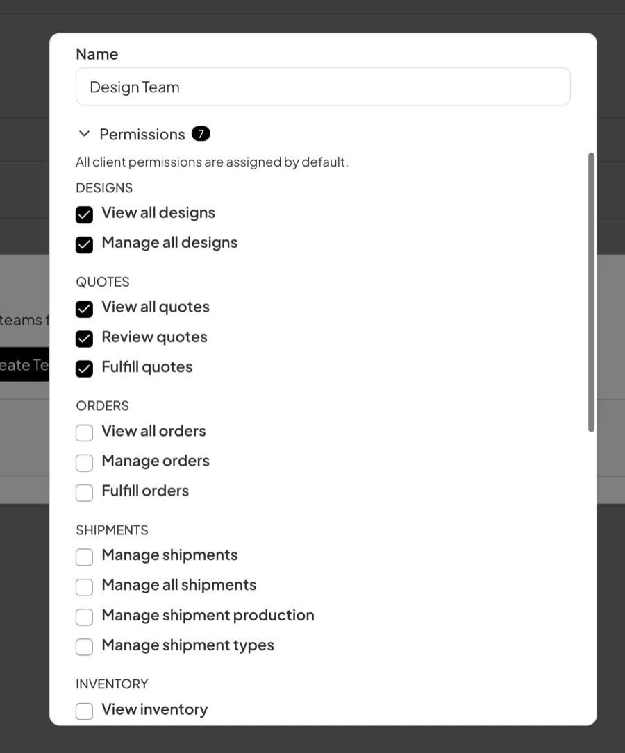 The Permissions section of the Create Team dialog expanded, showing checkboxes grouped under Designs, Quotes, Orders, Shipments, and Inventory, with the design and quote permissions checked and the rest clear.